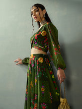 Shae by SASSAFRAS - -Women Green Floral Tie Knot Crop Top With Anarkali Skirt